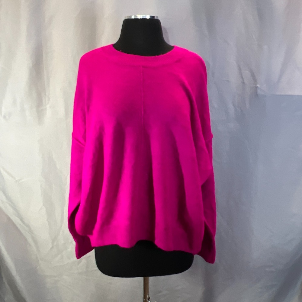 Vince Camuto Sweater Womens L Fuchsia Pink Tight Knit Ribbed Trim Drop Shoulder
